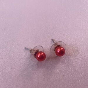 Red Faux Pearl Stud Earrings